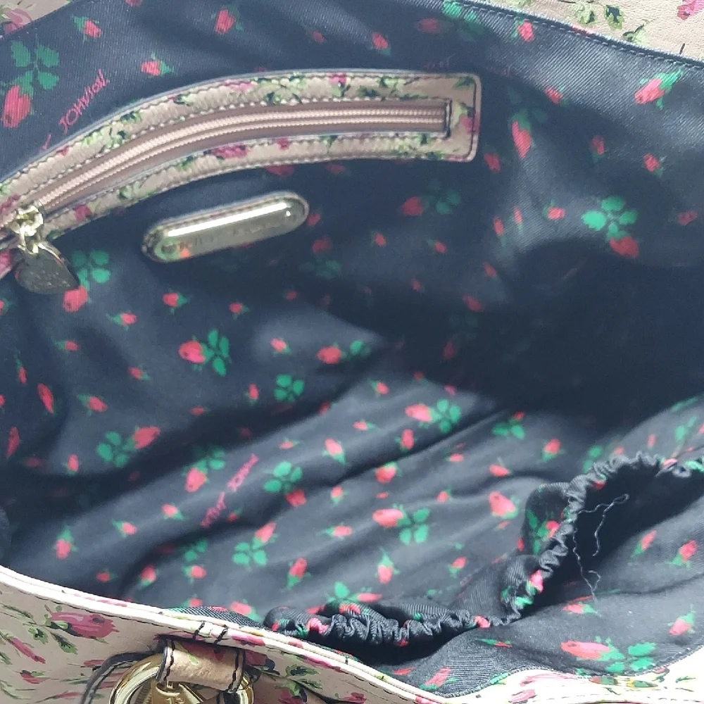 Betsey Johnson Beige Floral Tote with Pink Roses and Green Leaves